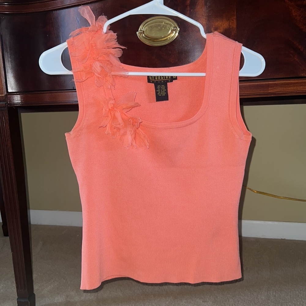 Vintage Georgiou Studio Coral Silk One Shoulder Blouse with Flowers (size M) - Picture 2 of 5